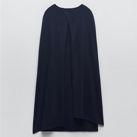 ZARA‎ New Navy Blue Elegant Round Neck Knit Cape Dress Slit Long Sleeves Size S - Picture 7 of 17
